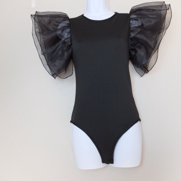 Black Sexy Flutter Sleeve Bodysuit Size Medium - Picture 4 of 12